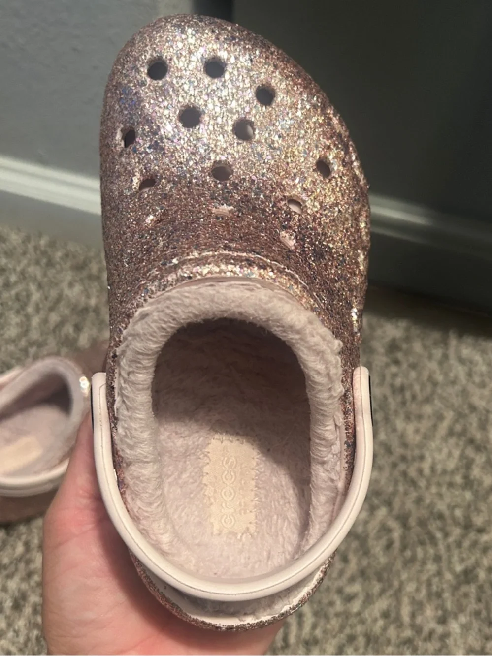 CROCS Kids Glitter Clog in Rose Gold with Light Pink Strap